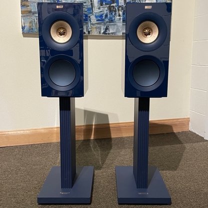KEF R3 Meta Standmount Speakers — Indigo Blue, with Stands